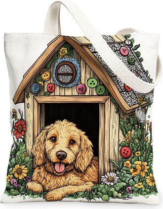 Generic Spring Golden Doodle Dog Canvas Tote Bag for Shopping 13x15, Fun Flower Puppy Kennel Reusable Grocery Print Pattern Bag for Women, Cute Pet Beach Aest