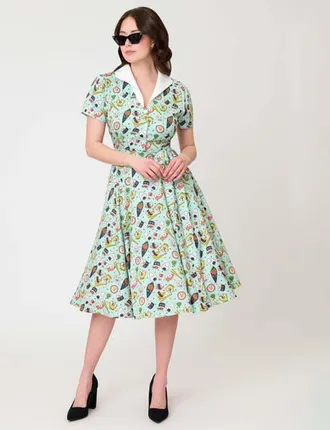 Unique Vintage 1950s Collared Shirt Dress in Green Sushi Print at Nordstrom, Size X-Small