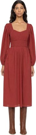 Sea NY Hartvormige Halslijn Lange Pofmouw Smocked Jurk - Dames - Casual kleedjes - Rood - S - Katoen - Kleedjes