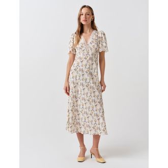 Ghost London Belle Lace Crepe V-Neck Midi Dress in Ivory Ditsy at Nordstrom, Size 16