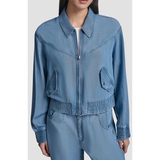 DKNY Front Zip Chambray Bomber in Stream Wash at Nordstrom, Size Xx-Small