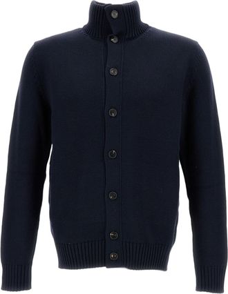 Zanone Oversized Blue Cardigan with High Ribbed Collar and Button Closure