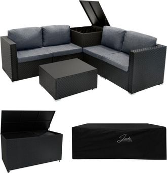 Jardi Set Giardino 6 Pezzi in Rattan Nero con 2 Bauli (250L + 700L) - Divano 4 Posti, Tavolino in Vetro, Cuscini Lavabili, Copertura Impermeabile, Bauli