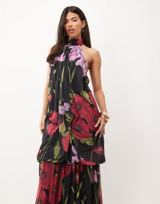 Asos vestito lungo halter in chiffon elasticizzato con fondo asimmetrico e stampa floreale nera-Nero