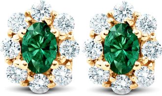 Pompeii3 3 Ct Emerald & Diamond Halo Studs 14k Yellow Gold