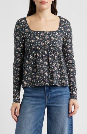 Lucky Brand Babydoll Henley Floral Top in Black Floral at Nordstrom, Size Xx-Large