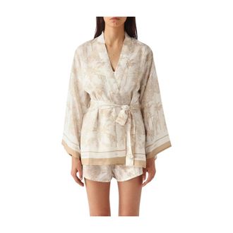 MC2 Saint Barth Overhemden, Dames, Beige, M, Kimono Carly Zijde Habotai Foulard Jungle Oceania