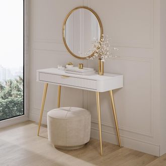 Dmora Toilette Katerara, Tocador Un Caj&oacute;n, Estructura De Metal, Superficie De Madera Noble, 100x38x78h Cm Blanco