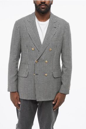 Brunello Cucinelli Double-breasted District Check Linen Blend Blazer size 50