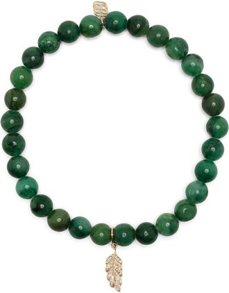 Sydney Evan 14kt yellow gold verdite feather beaded bracelet - women - Brass - One Size - Green