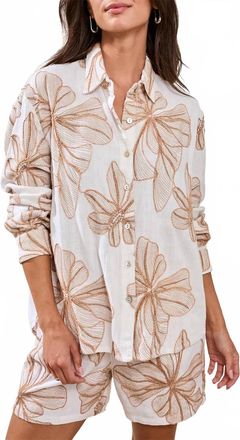 Tribal Embroidered Crosshatch Button-Front Blouse In White