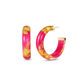 Gold & Honey Womens Small Lucite Hoop Earrings In Pink Peacock Gold Leaf