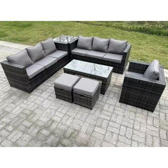 Fimous Fimous Outdoor Rattan Garden Furniture Lounge Sofa Set With Oblong Rectagular Coffee Table Arm Chair Side Coffee Table 2 Stools