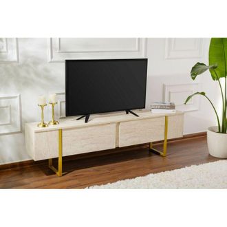Dmora Mobile Porta Tv Gussola, Credenza Da Soggiorno, Armadio Basso Per Tv, Base Parete Attrezzata, 180x30 H50 Cm, Beige E Oro