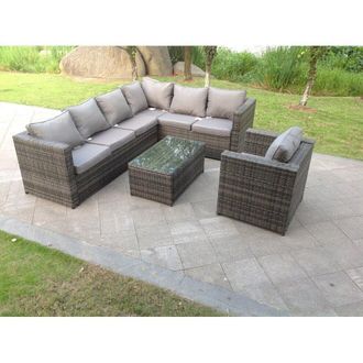 Fimous Pe Rattan Corner Sofa Set Outdoor Garden Furniture Oblong Coffee Table Armchair With Cushions in Dark Grey