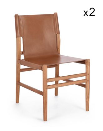 Konte Design Lote de 2 sillas de teca y cuero co&ntilde;ac