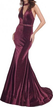 Rachel Allan Metallic Jersey Mermaid Gown In Magenta/black