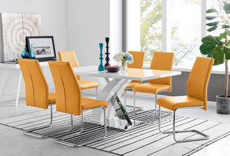 Furniturebox Atlanta Modern Rectangle Chrome Metal High Gloss White Dining Table & 6 Lorenzo Chairs Set in Mustard