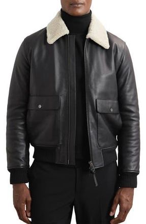 Reiss Shaker Shearling Collar Leather Bomber Jacket in Black at Nordstrom Rack, Size Xx-Large
