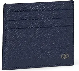 Ferragamo Mens Credit Card Holder Gancini Dark Navy Blue Calf Leather Wallets & Cardholders