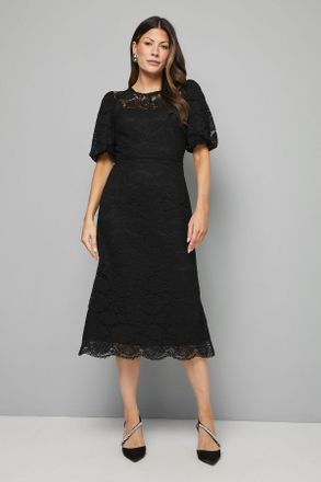 Wallis Womens Lace Puff Sleeve Midi Dress - Black Polyamide - Size 10 UK