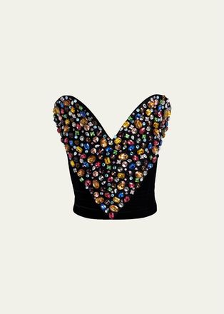 Stella McCartney Strapless Crystal Heart Embroidered Velvet Bustier Top