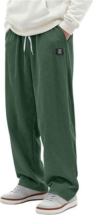 Generic Mens Corduroy Trousers Baggy Wide Leg Loose Fit Smart Casual Trouser Elasticated Waist Drawstring Cargo Pants Solid Colour Straight Leg Bottoms Spring