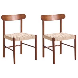 Beliani Conjunto De 2 Sillas De Comedor Estructura De Madera De Caucho Asientos De Cuerda De Papel Comedor Sin Reposabrazos Estilo Retro Marr&oacute;n Y Beige Eagan