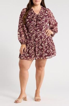 Chelsea28 Tie Neck Tiered Minidress in Burgundy- Pink Maple Floral at Nordstrom Rack, Size 2X