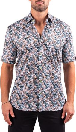 Maceoo Galileo Resistance0335 Yellow Skull Print Short Sleeve Cotton Button-Up Shirt at Nordstrom, Size 4X-Large