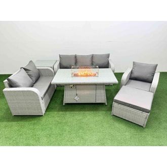 Fimous Patio pe Wicker 7 Seater Outdoor Rattan Furniture Sofa Sets with Firepit Dining Table Reclining Chair Loveseat Sofa 3 Seater Sofa Big Footstool Light