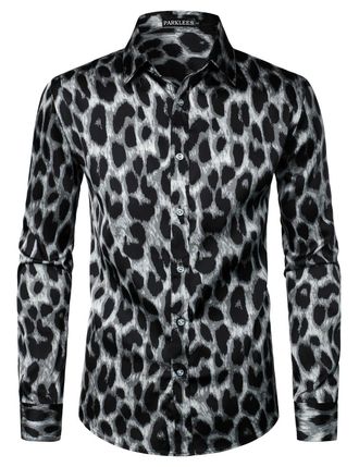 PARKLEES Mens Hipster Leopard Printed Slim Fit Long Sleeve Button Up Satin Dress Shirts for Party Prom PZLCL36-108-Black Grey XXL
