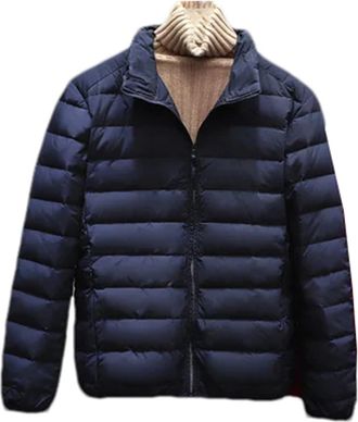 Generic Winter Men Seamless White Duck Down Jackets Stand Collar Fluffy Parkas Thick Warm Windbreaker Outerwear Navy blue XXL