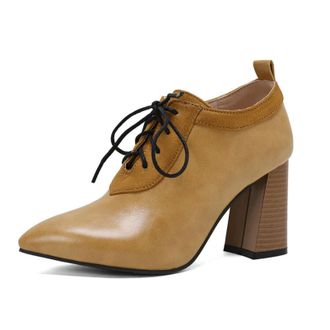 Generic Women Pointed Toe Pumps Mixed Fabric Lace Up Design Contrast Color Vamp Back Tab Chunky Block Heel Non Slip Durable Comfortable Office Party Shoes,Yel