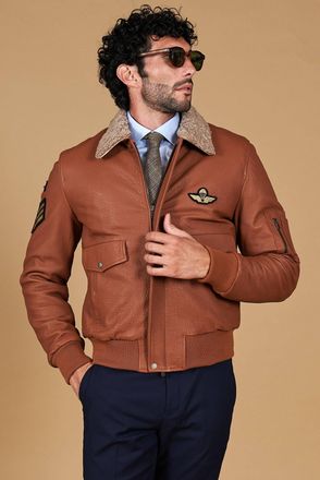 D'Arienzo Giubbotto aviatore in pelle raggrinzita color cuoio collo montone DArienzo, Seleziona Taglia 46, Colore Cuoio