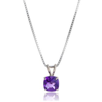 MAX + STONE 14k White Gold 8mm Cushion Cut Gemstone Pendant Necklaces with 18 inch Box Chain