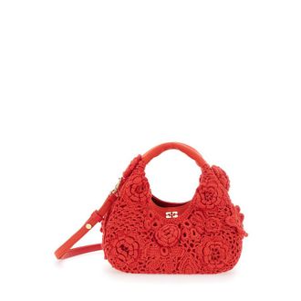 Ganni Handbag Hobo Mini Crochet With Red Details Cotton Woman Hand Bags