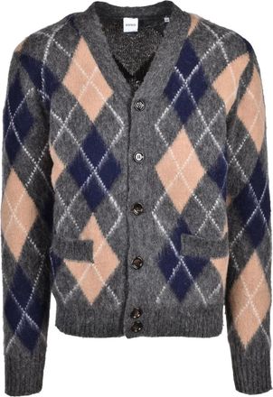 Aspesi Grey/Beige Argyle Pattern V-Neck Wool Cardigan