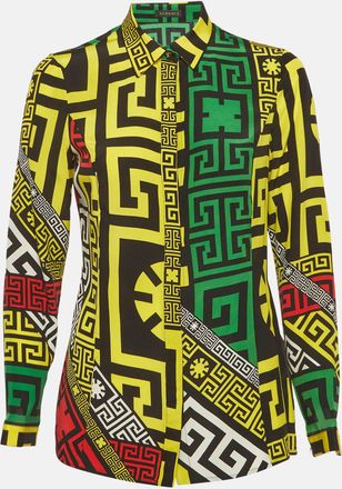 Versace Multicolour Geometric Greek Print Silk Long Sleeve Shirt
