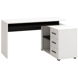 Dmora Scrivania Sapri, Angolare, 3 Ripiani, 3 Cassetti, 137.5x101.5x75h cm Bianco Opaco