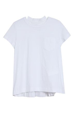 sacai Mixed Media Pleated Poplin & Jersey Pocket T-Shirt in White/White at Nordstrom, Size 4