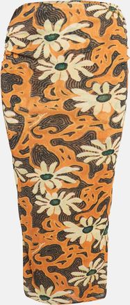 Nanushka Orange Arte Povera Floral Print Mesh Jersey Midi Skirt