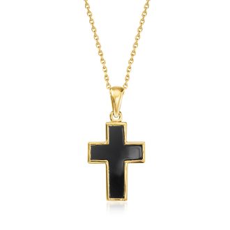 Ross-Simons Onyx Cross Pendant Necklace in 18kt Gold Over Sterling