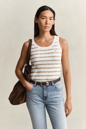 GANT Women Striped Cable Knit Tank Top (XXL) OAT BEIGE