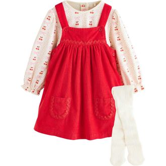 Next Bow Corduroy Pinafore Dress, Bodysuit & Socks Set in Red at Nordstrom, Size 12-18M