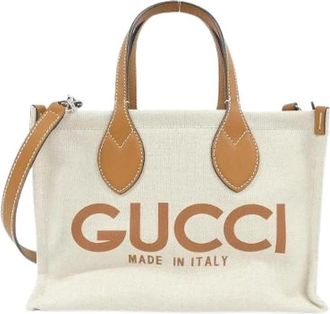 Gucci Pre-owned Cotton Linen Canvas Leather Shoulder Bag - Dames - Vintage Shopper - Beige - ONE Size - Katoen - Vintage