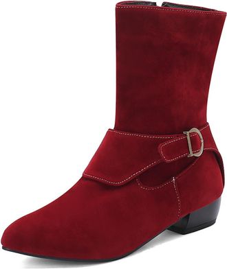 Generic Womens Retro Pointed Toe Suede Ankle Boots Buckle Strap Low Block Heels Side Zipper Comfortable Anti-Slip Wear-Resistant for Daily Street Date,Red,11.