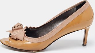 Lanvin Brown Patent Leather And Fabric Grosgrain Bow Peep Toe Pumps