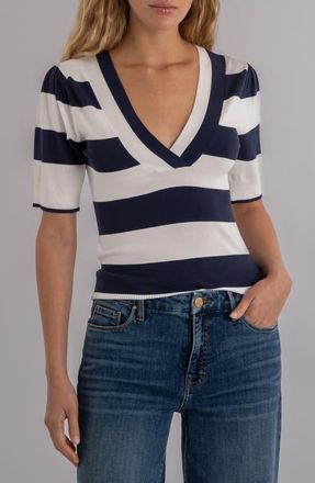 Kut from the Kloth Yona Stripe Puff Sleeve Sweater in White/Navy at Nordstrom, Size X-Small