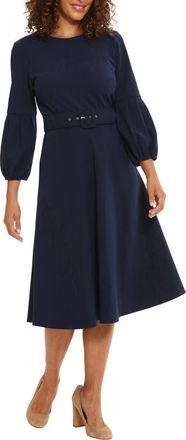 London Times Pleated Sleeve Belted Fit & Flare Dress in Navy at Nordstrom Rack, Size 10